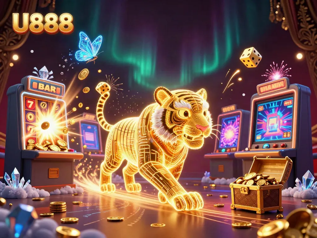 Experience the vibrant U888 digital casino scene with a neon tiger and jackpots.