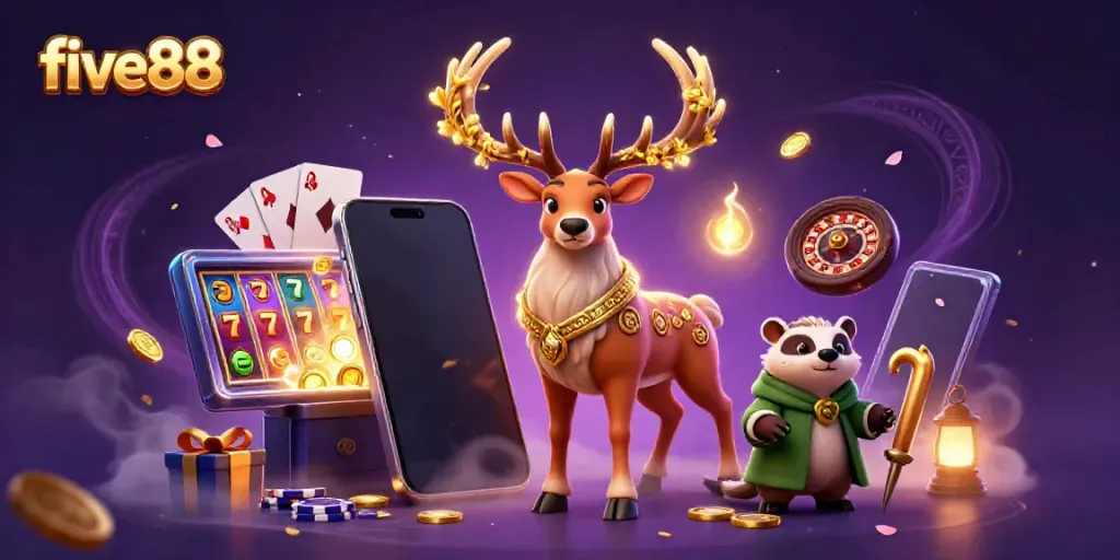 Engage in excitement at five88 with whimsical characters in a vibrant casino scene.