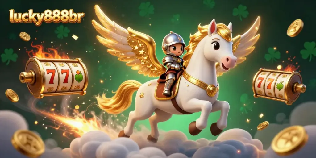 Engage with lucky888br in a vibrant 3D casino scene featuring a golden-winged horse, slot reels, and stardust.
