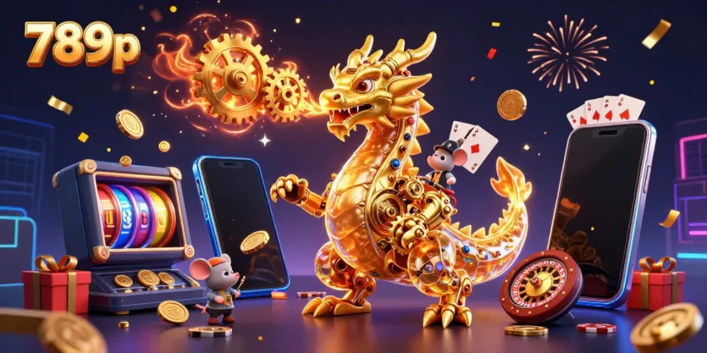 Engage with the vibrant world of 789p, showcasing a golden dragon and gaming excitement amidst coins and cards.