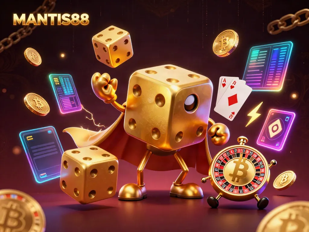MANTIS88 transforms gaming with vibrant 3D illustrations showcasing golden dice characters and crypto elements.