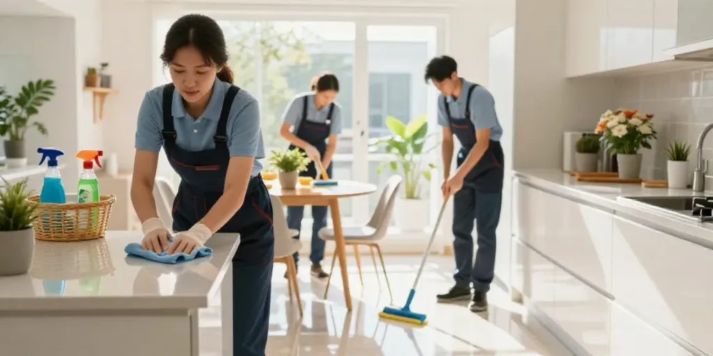 Domestic cleaning in Melbourne scene with a professional team cleaning a bright kitchen, showcasing a modern, tidy environment.