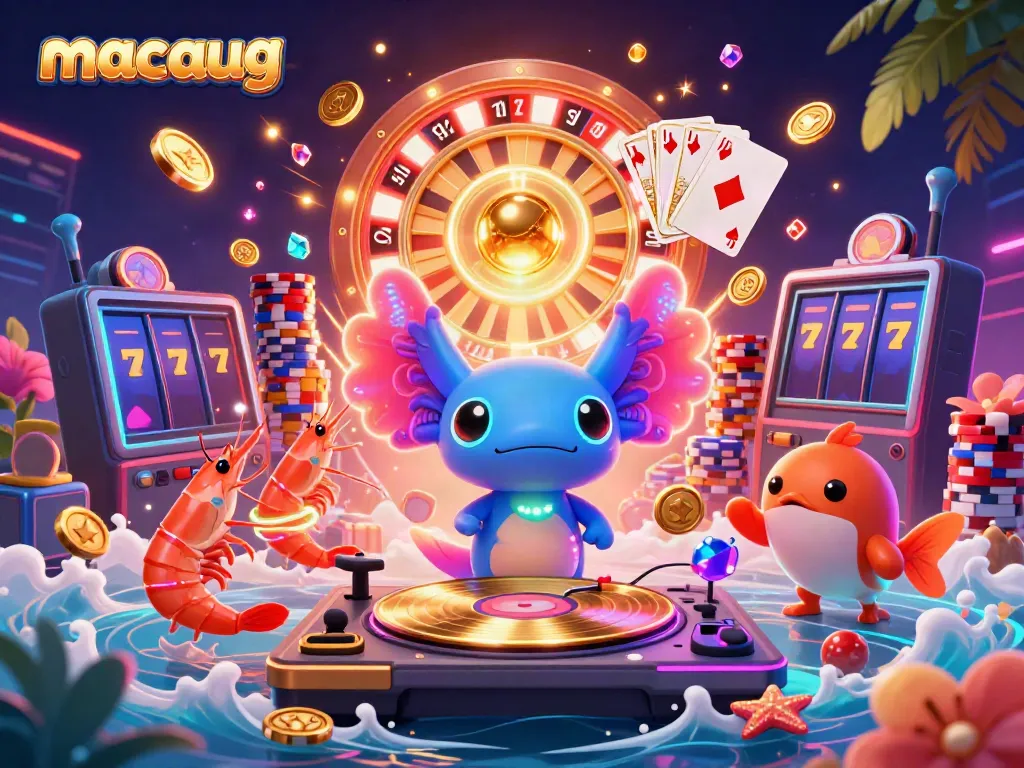Experience the vibrant world of macaugg with an axolotl DJ and lively underwater casino atmosphere.