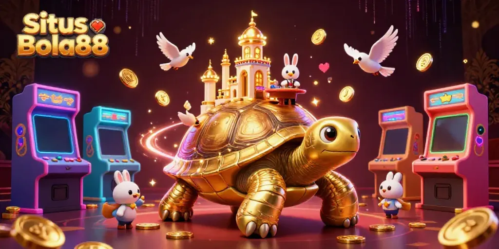 Situs Bola88 showcases a festive 3D casino scene featuring a golden tortoise and a rabbit dealer.