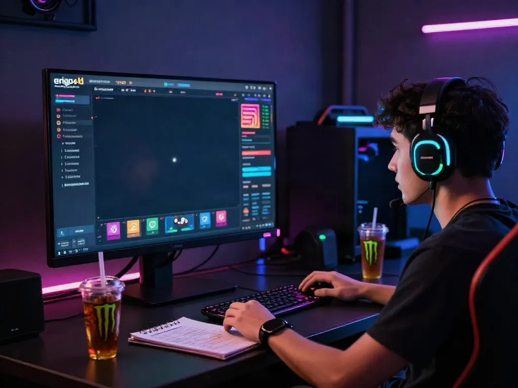 Gamer engaging with erigo4d platform on a large monitor, colorful graphics, and energetic gaming setup.