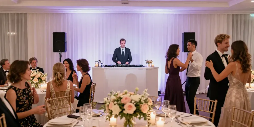 hochzeit DJ berlin brandenburg at a vibrant wedding reception with guests dancing and elegant decor.