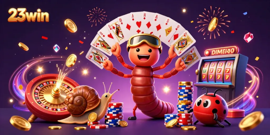 Experience the excitement of 23win with a dynamic scene featuring a cartoon millipede dealer and colorful casino elements.