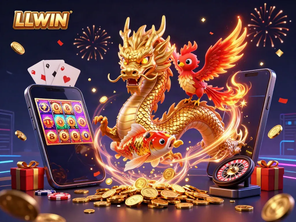 Engage with thrilling casino games at LLWIN, featuring a majestic golden dragon and fiery phoenix among vibrant gaming elements.