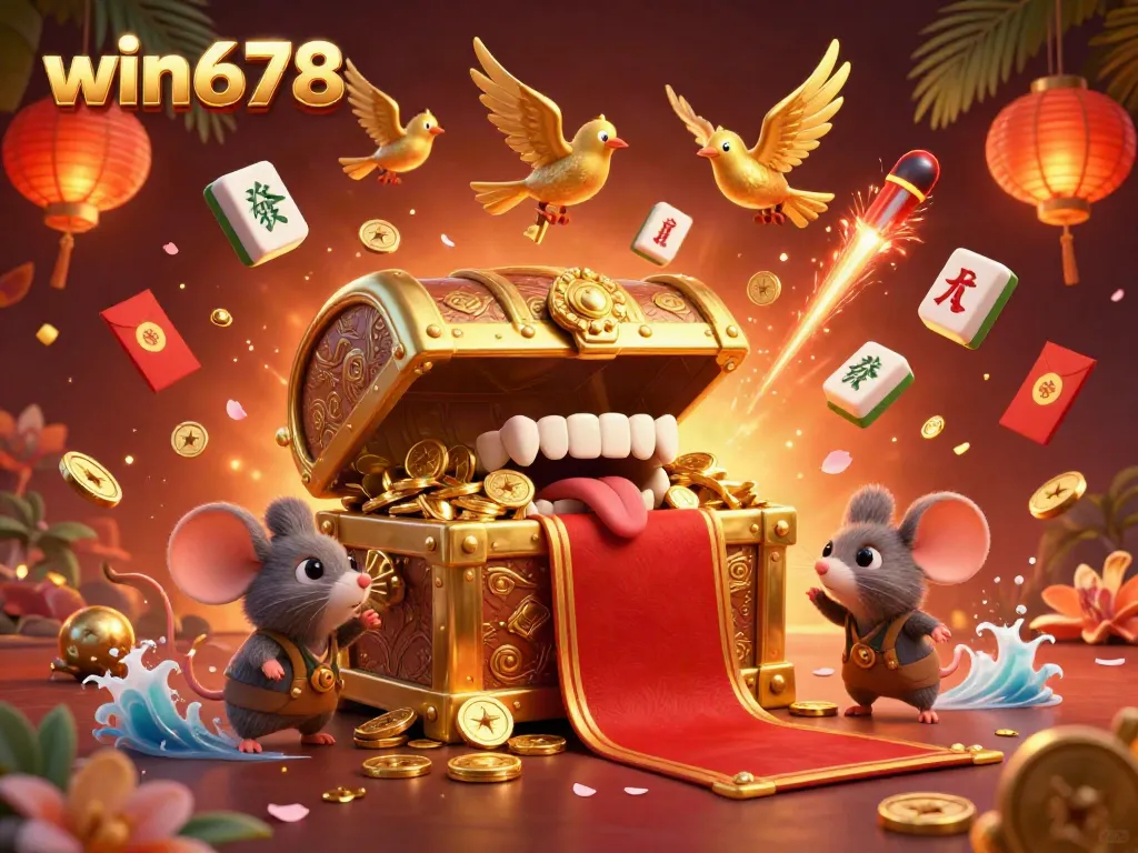 win678 treasure chest offering riches, surrounded by festive casino elements in an enticing online scene