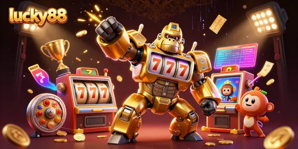 Spin the reels of the lucky88 slot with a golden gorilla mech smashing through coins in a vibrant casino.