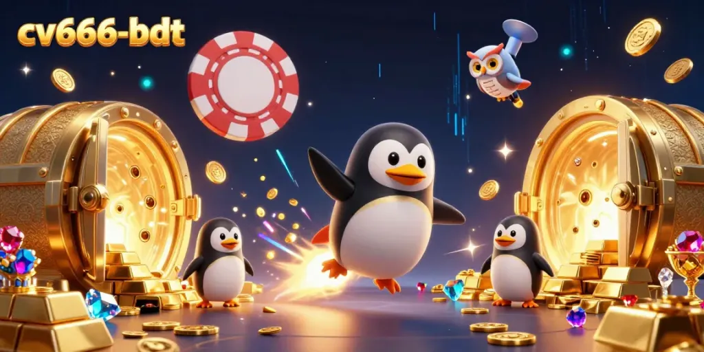 Experience cv666-bdt's exciting casino adventure with a golden penguin and treasures galore!