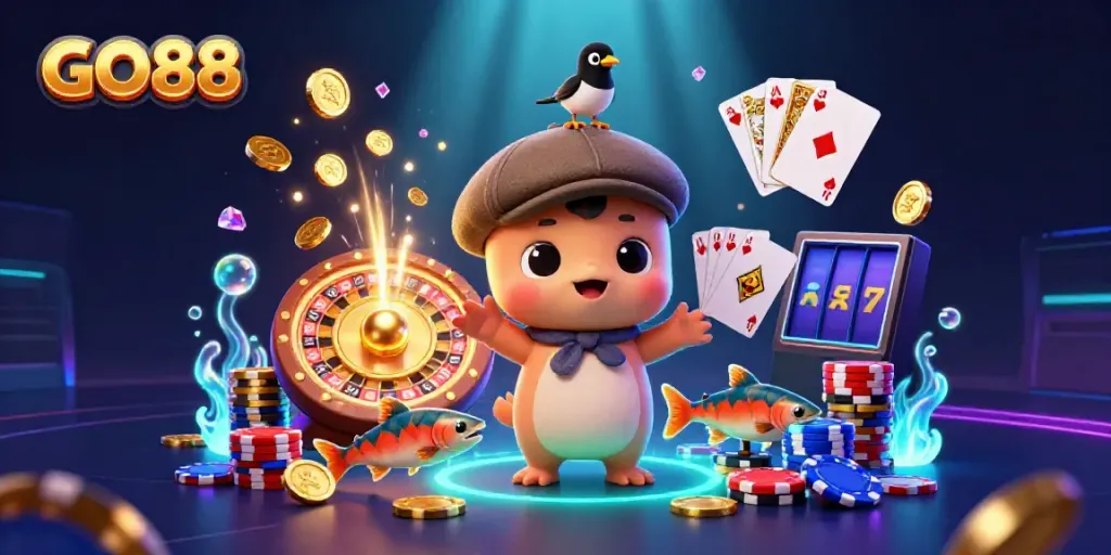 Experience the excitement of gaming with GO88, featuring playful characters and dynamic casino elements.