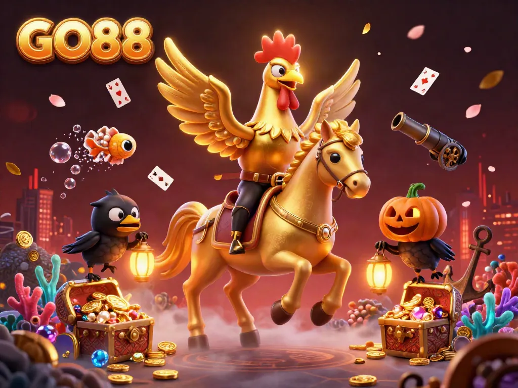 Engaging scene at GO88 online casino featuring a golden rooster and crow companions amidst vibrant gaming elements.