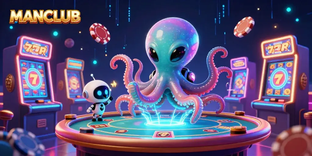 MANCLUB's dynamic 3D scene showcasing an alien octopus at a poker table, amidst vibrant slot machines.