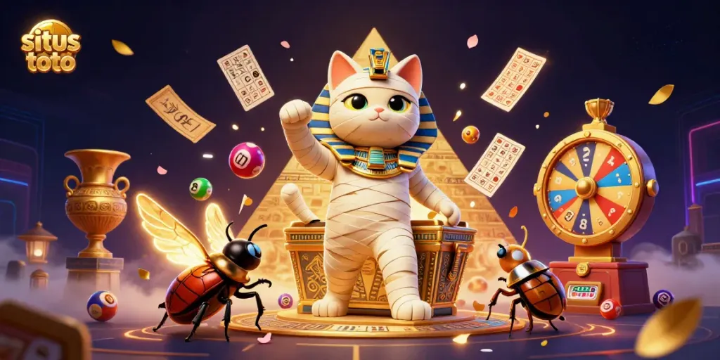 Engage with situs toto in a vibrant casino scene featuring a mummy cat, lottery elements, and colorful dynamics.