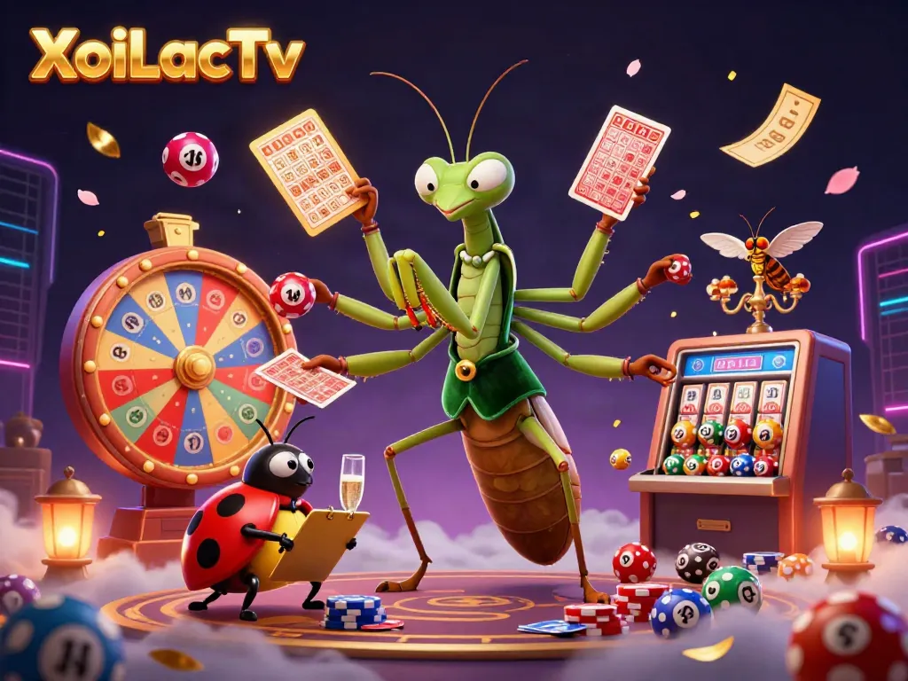 Engage with XoiLacTv's vibrant gaming world filled with dynamic lottery elements and playful characters.