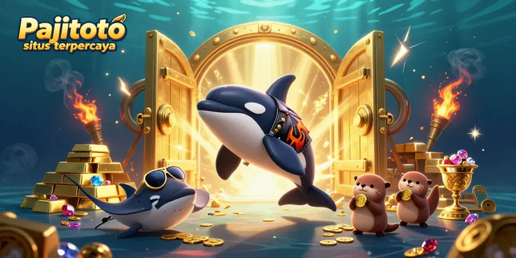 Pajitoto situs terpercaya showcases a lively underwater scene with cartoon sea characters celebrating a jackpot.