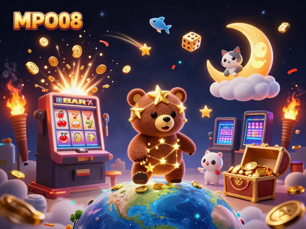MPO08 showcases a magical casino scene with a constellation bear and gold coins amidst vibrant slot machine elements.