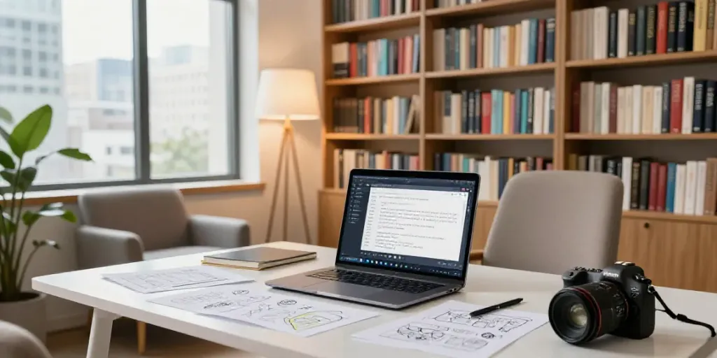 Writer utilizing an artificial intelligence writing tool in a modern workspace filled with books and natural light.
