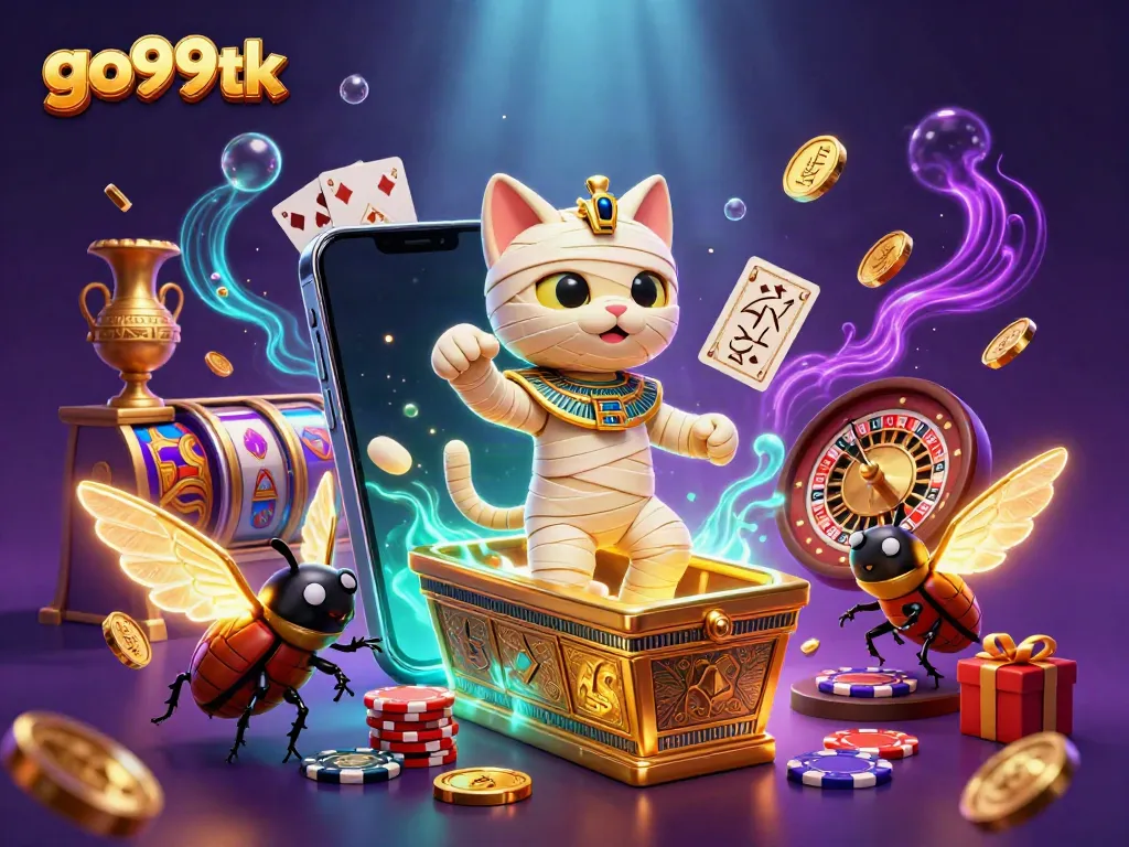 Experience the adventures of go99tk with a 3D mummy cat in a vibrant casino environment.