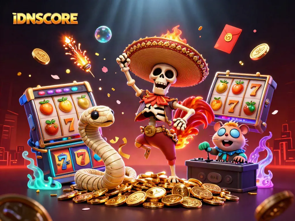 IDNSCORE showcases a victorious mariachi rooster atop golden coins in this vibrant 3D casino scene.