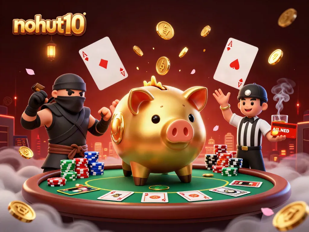 Experience nohut10 excitement with an epic sumo wrestler, ninja, and referee at an exhilarating poker showdown.
