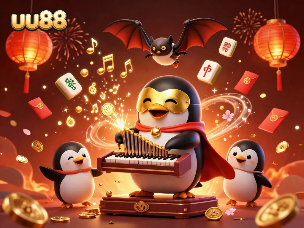 Experience the excitement of uu88 with a penguin playing an organ amid festive elements.