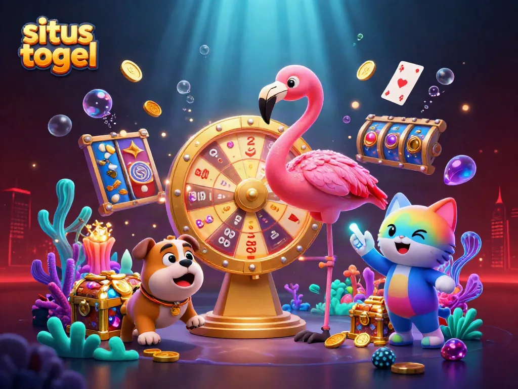 Engage with situs togel excitement in this vibrant scene featuring a flamingo game show host, bulldog contestant, and prizes!