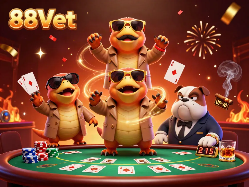 Witness the thrilling entrance of three raptors disguised as a person at an 88Vbet casino, surrounded by poker glory.