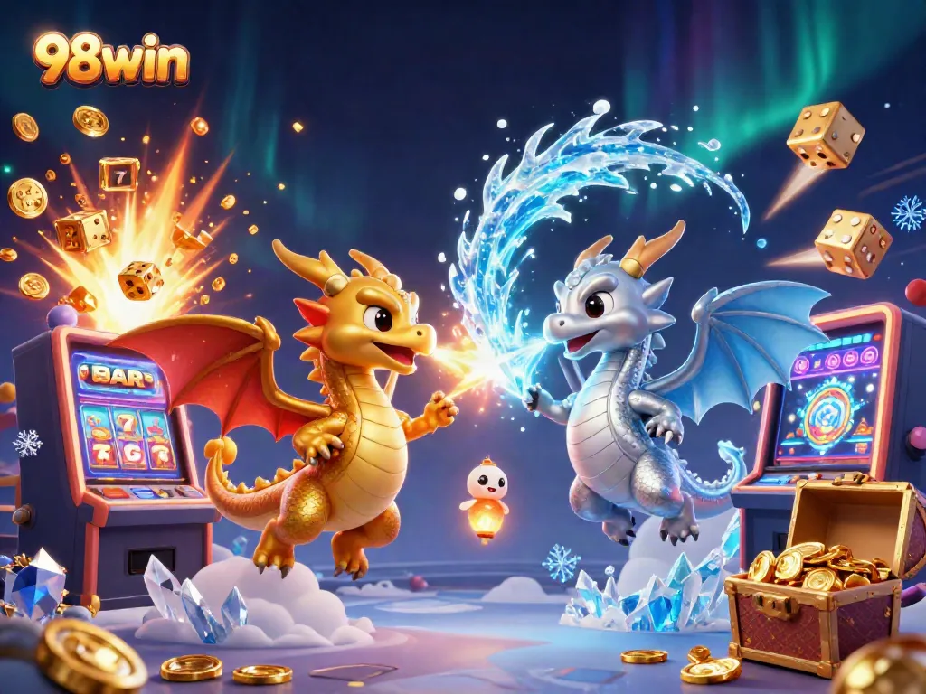 Engage in exciting gameplay at 98win with vibrant dragons, slot machines, and casino elements.