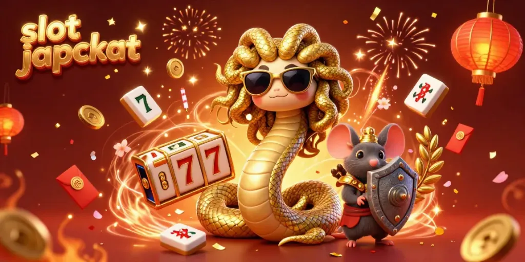 Spin to win in the slot jackpot with friendly Medusa and a warrior mouse amidst vibrant celebratory elements.