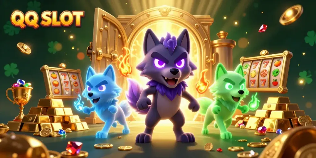 Experience thrilling gaming with QQ SLOT's animated scene featuring wolves and treasure.