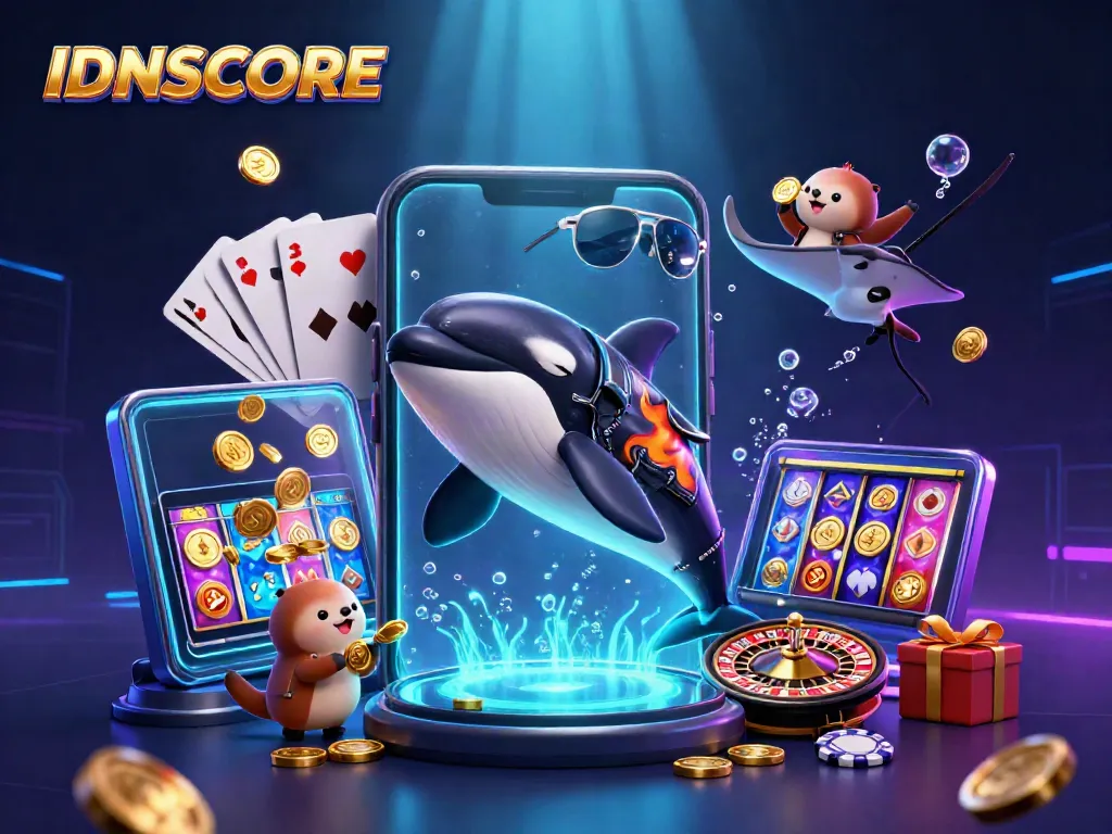 IDNSCORE features a lively orca and friends in a dynamic casino scene with coins and games