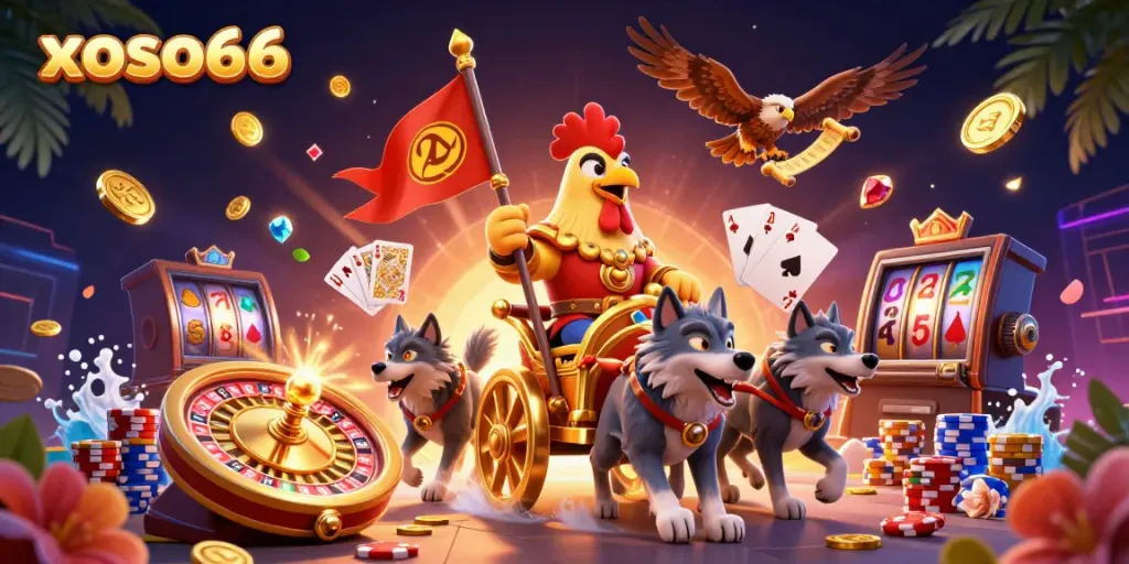 Play xoso66 with excitement, featuring a rooster warlord, golden coins, and casino games in action.
