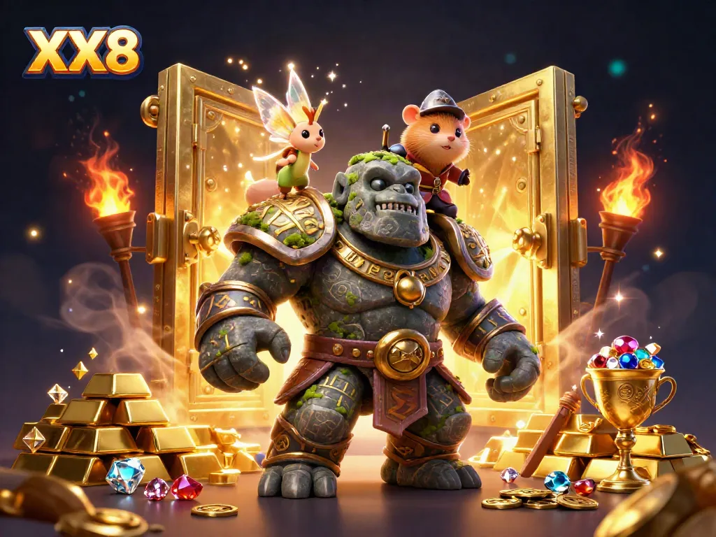 Experience the magic of XX8 with a golem guardian and enchanting characters amidst golden treasures.