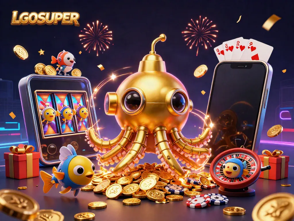 Immerse in LGOSUPER's vibrant scene showcasing dynamic gaming elements and a golden kraken submarine.