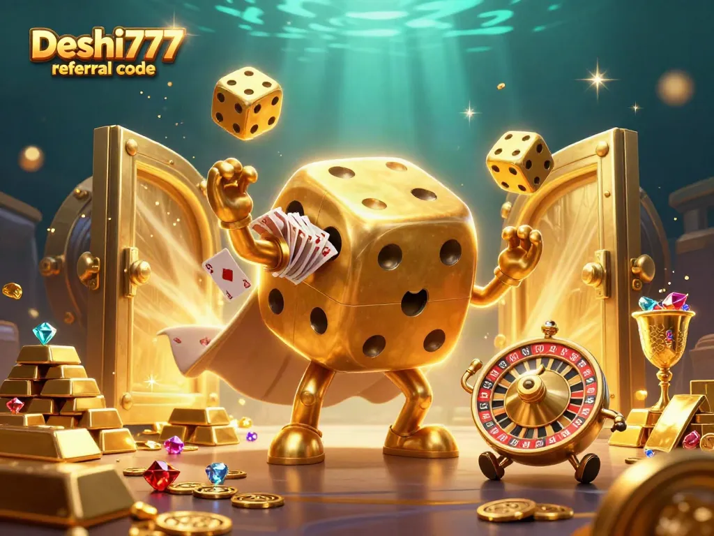 Earn money through referrals using the Deshi777 referral code; cartoon dice character interacting with casino elements