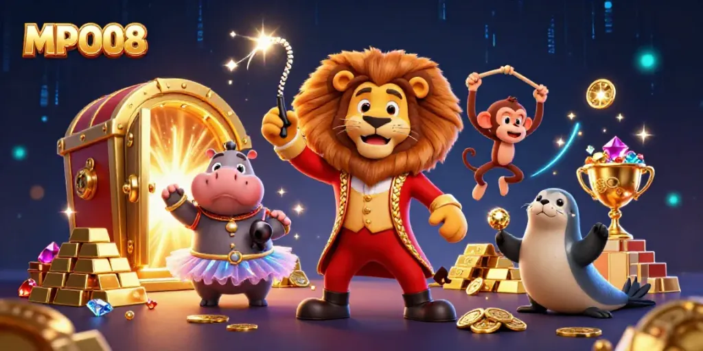Experience the excitement of MPO08 with vibrant circus characters and golden treasures in a dynamic casino scene.