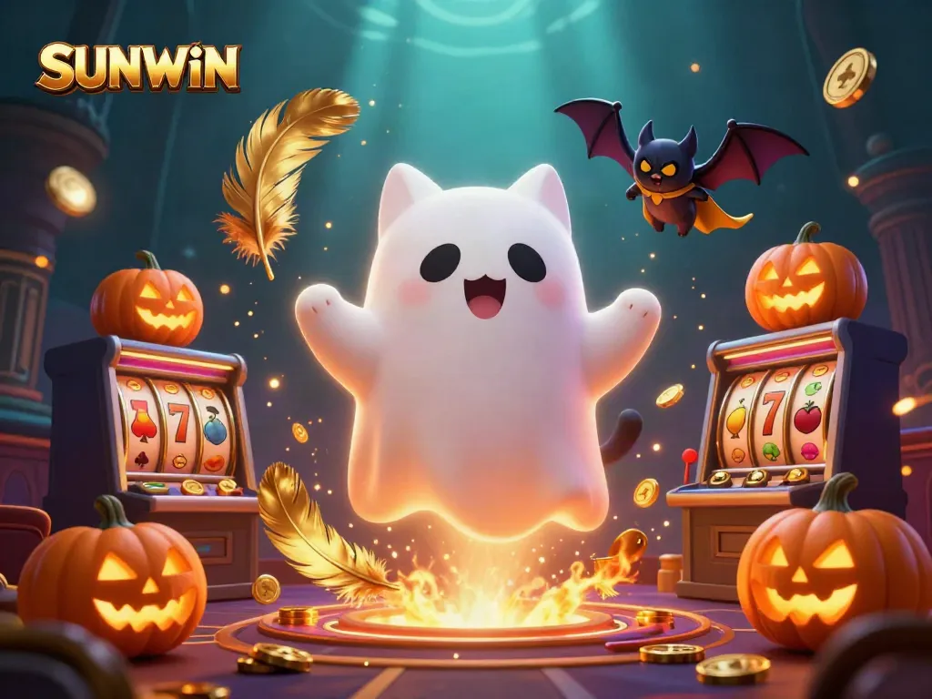 Experience SUNWIN's haunted casino with a ghost cat, bat, and glowing jack-o-lanterns.