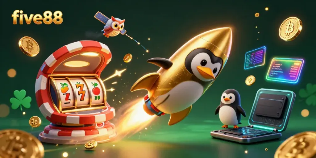 Experience the thrill of five88 with a golden penguin and a vibrant casino scene.