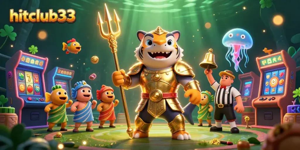 Experience thrilling gameplay with hitclub33's vibrant 3D casino scene featuring a gladiator shark and exciting slot machines.
