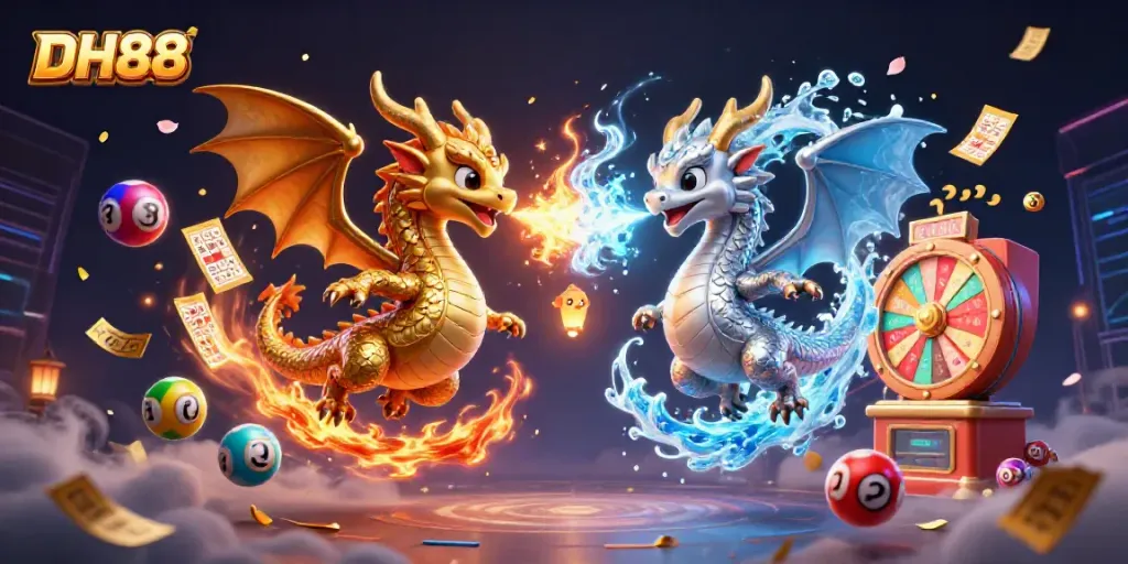 Experience thrilling action with DH88's dynamic gaming scene featuring dragons, lottery elements, and vibrant casino games.