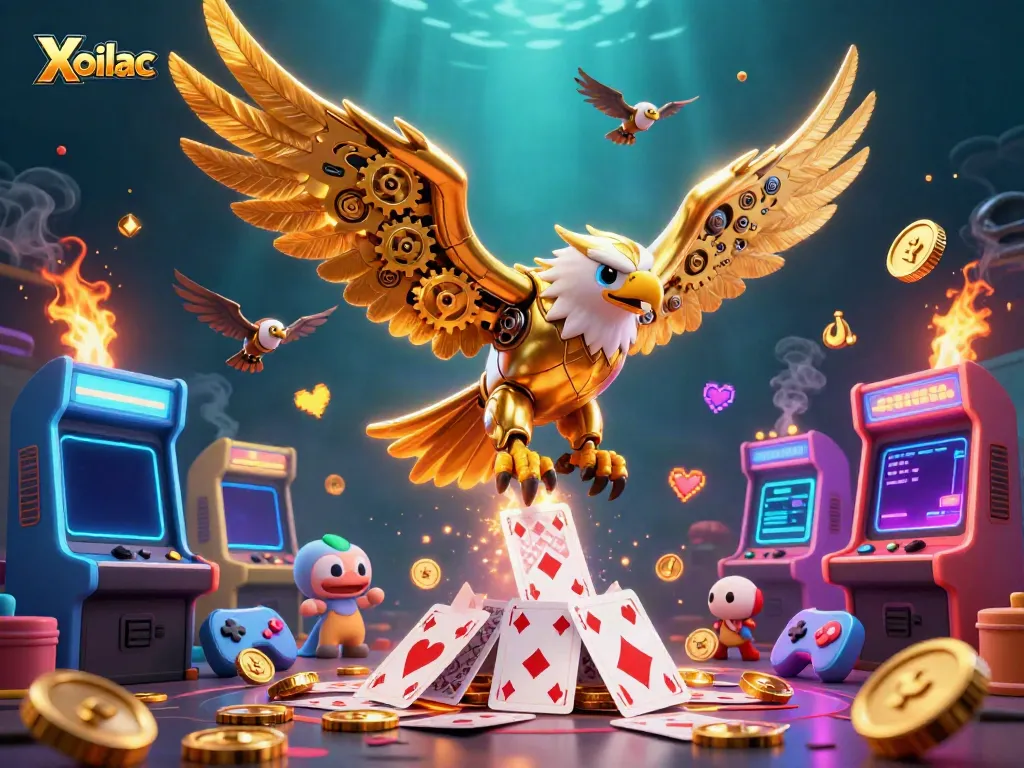 Xoilac's vibrant casino adventure featuring a cybernetic eagle diving through gaming elements