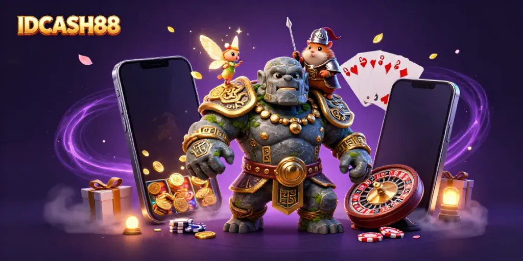 Experience IDCASH88 excitement with a magical golem, knight, and fairy in a vibrant casino scene.