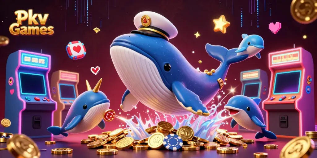 Pkv Games showcase with whales, poker chips, and arcade elements in a colorful underwater casino