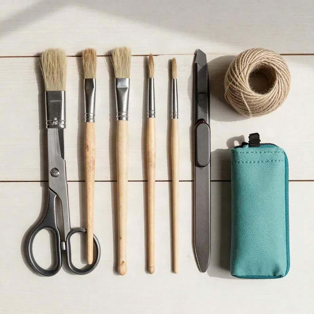 Overhead flatlay of hobby tools on pale wood: brushes, scissors, knife sheath, twine, teal pouch.
