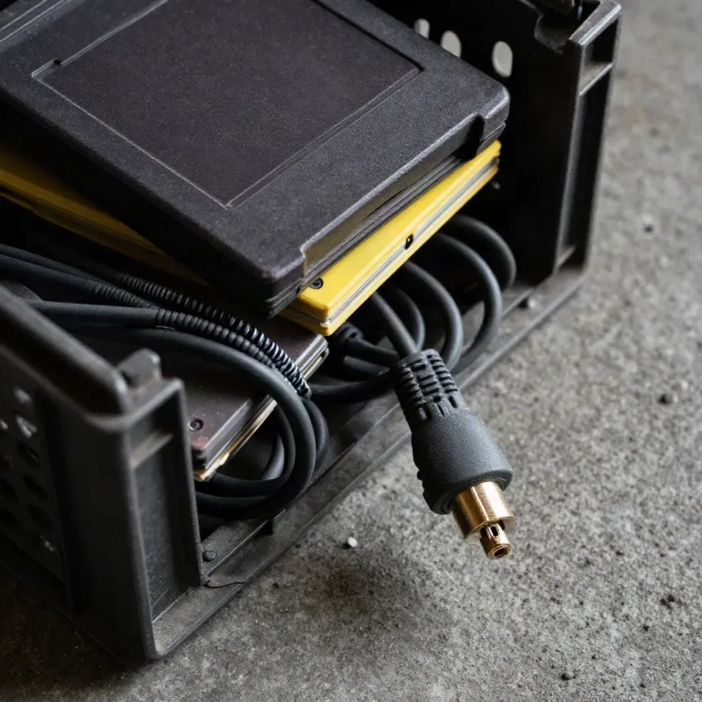 Retro game cases, AV cable and controller grip spilling from a crate over concrete.