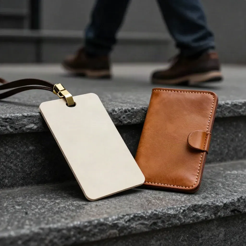 Two unbranded event passes with brass clip and leather folio on a slate stair, dramatically lit.
