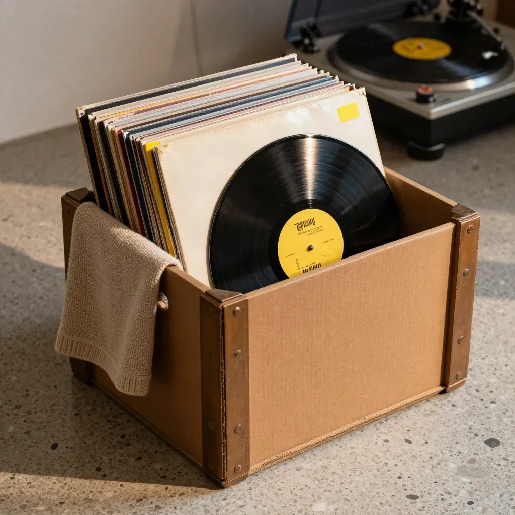 Vinyl trade crate with records and fabric sleeve on terrazzo beside a turntable mat.