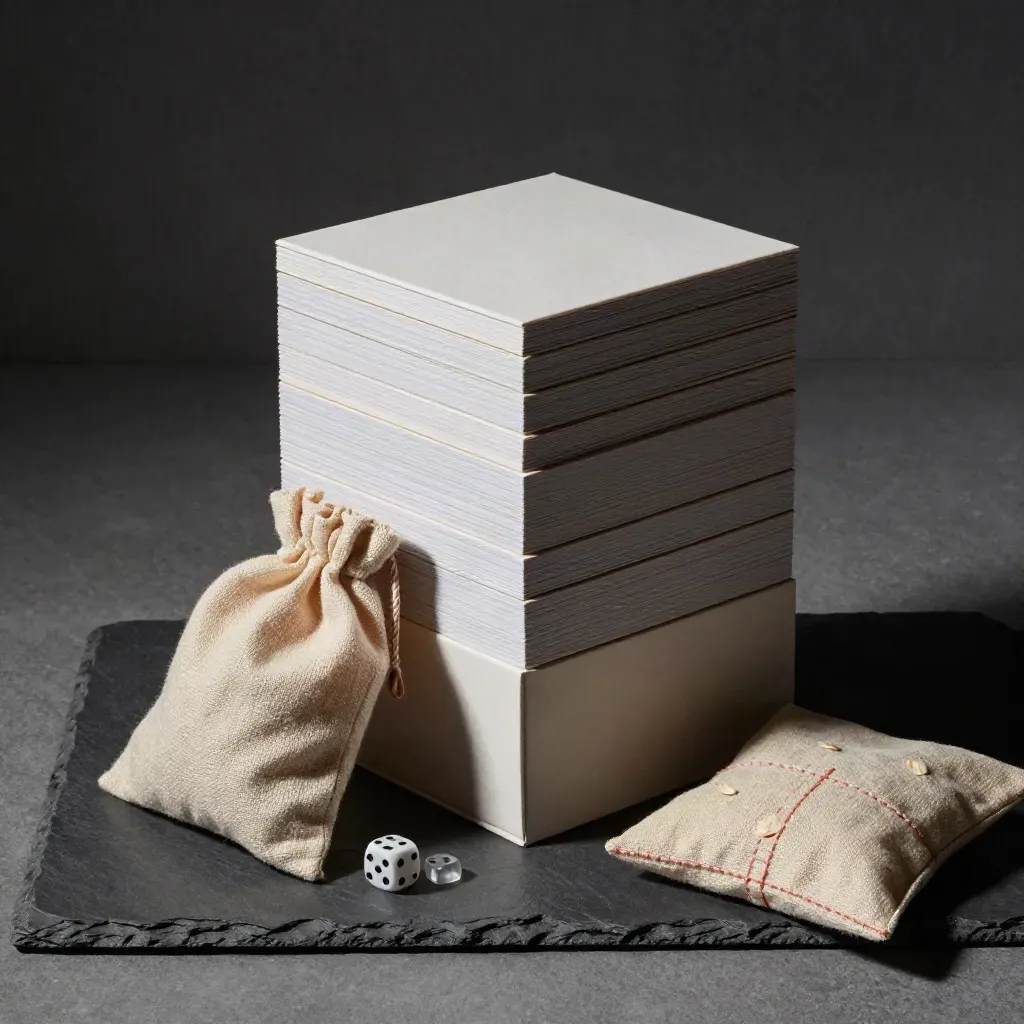 Stacked board game boxes with dice bag, tokens and linen pouch on a charcoal slab.